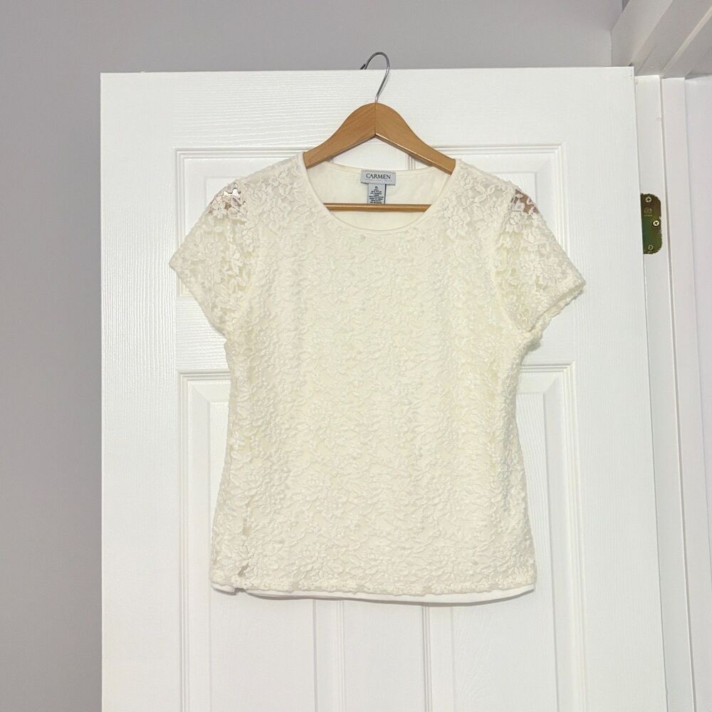 Carmen Marc Valvo Top Womens XL Cream Floral Lace Lined Fitted Feminine Stretch - Picture 1 of 4